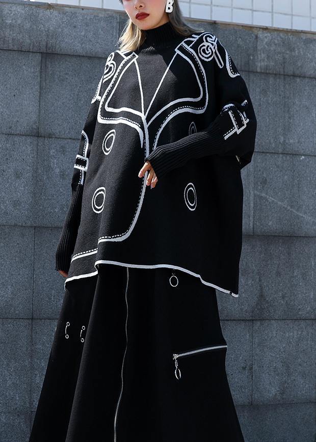 Women's Plus Size Blouse Black Print Knit Batwing Sleeve - 2