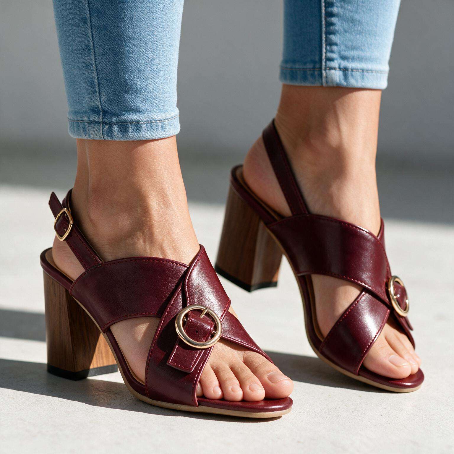 Women's Slingback Buckle Block Heels – front view | Hensley London