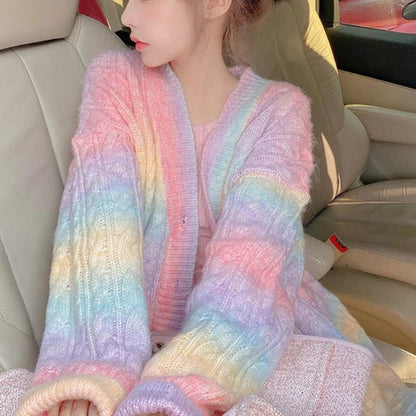 Rainbow Knitted Long Sleeve Cardigan Sweater 1