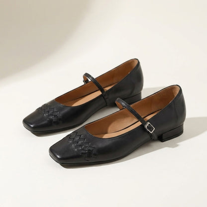 Women's Woven Leather Mary Jane Flats in Black – front view | Hensley London