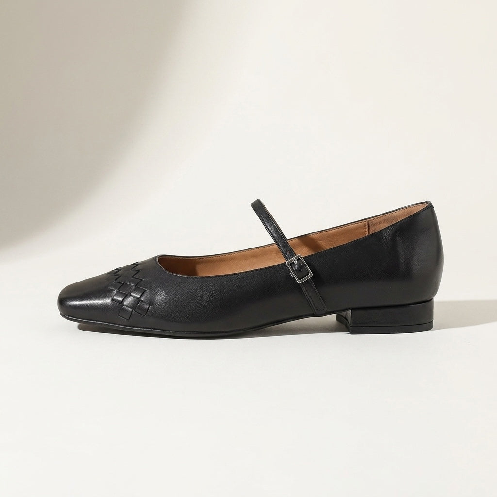 Women's Woven Leather Mary Jane Flats in Black – side view | Hensley London