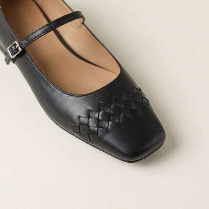 Women's Woven Leather Mary Jane Flats in Tan – angled view | Hensley London