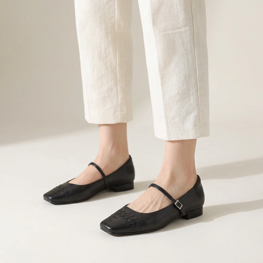 Women's Woven Leather Mary Jane Flats in Tan – back view | Hensley London