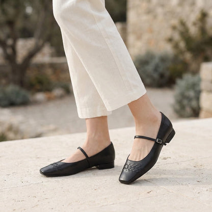 Women's Woven Leather Mary Jane Flats in Wine – detail view | Hensley London