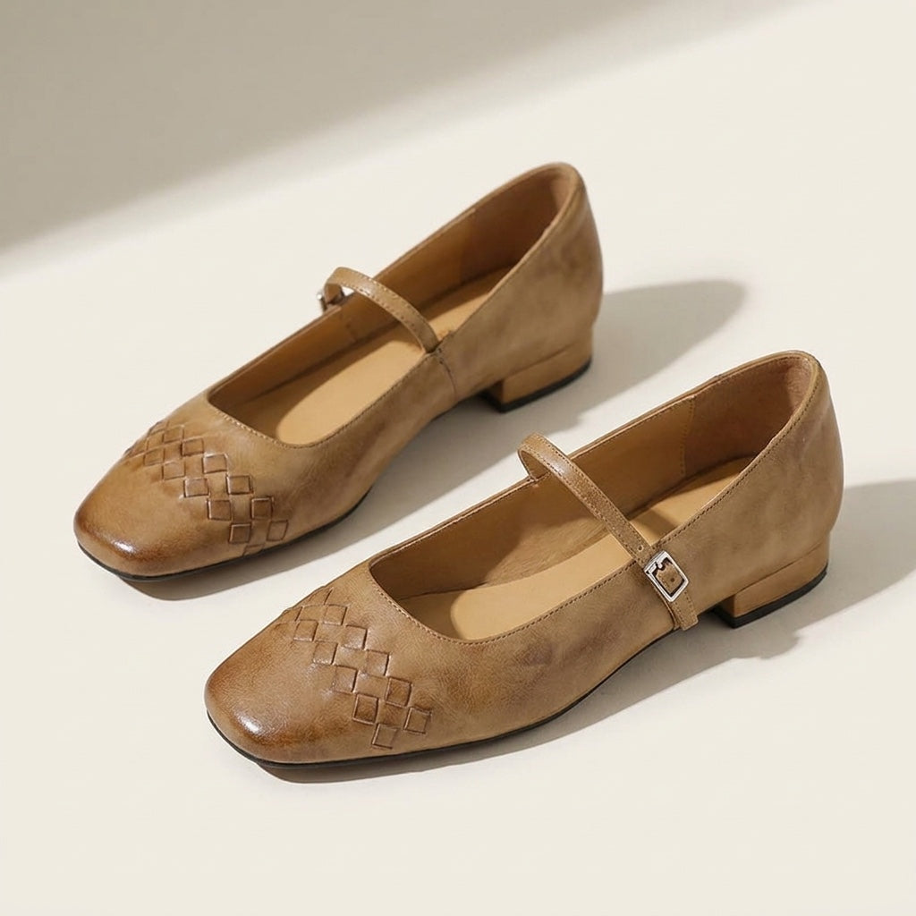 Women's Woven Leather Mary Jane Flats in Black – top view | Hensley London