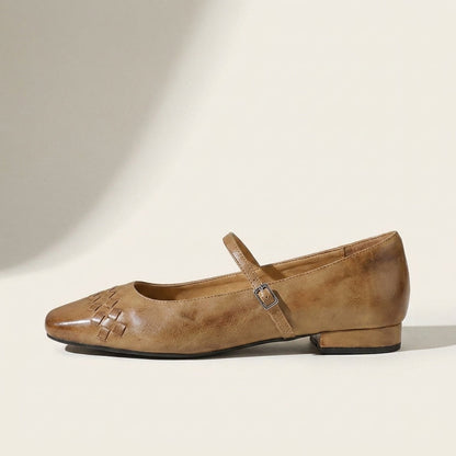 Women's Woven Leather Mary Jane Flats in Tan – three-quarter view | Hensley London