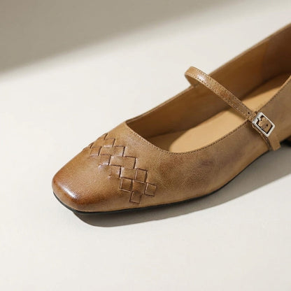 Women's Woven Leather Mary Jane Flats in Wine – close-up view | Hensley London