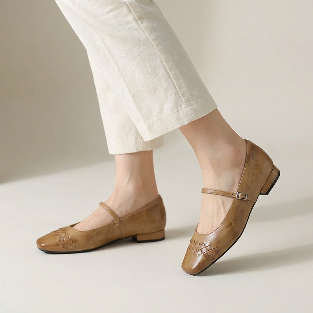 Women's Woven Leather Mary Jane Flats in Black – styled view | Hensley London