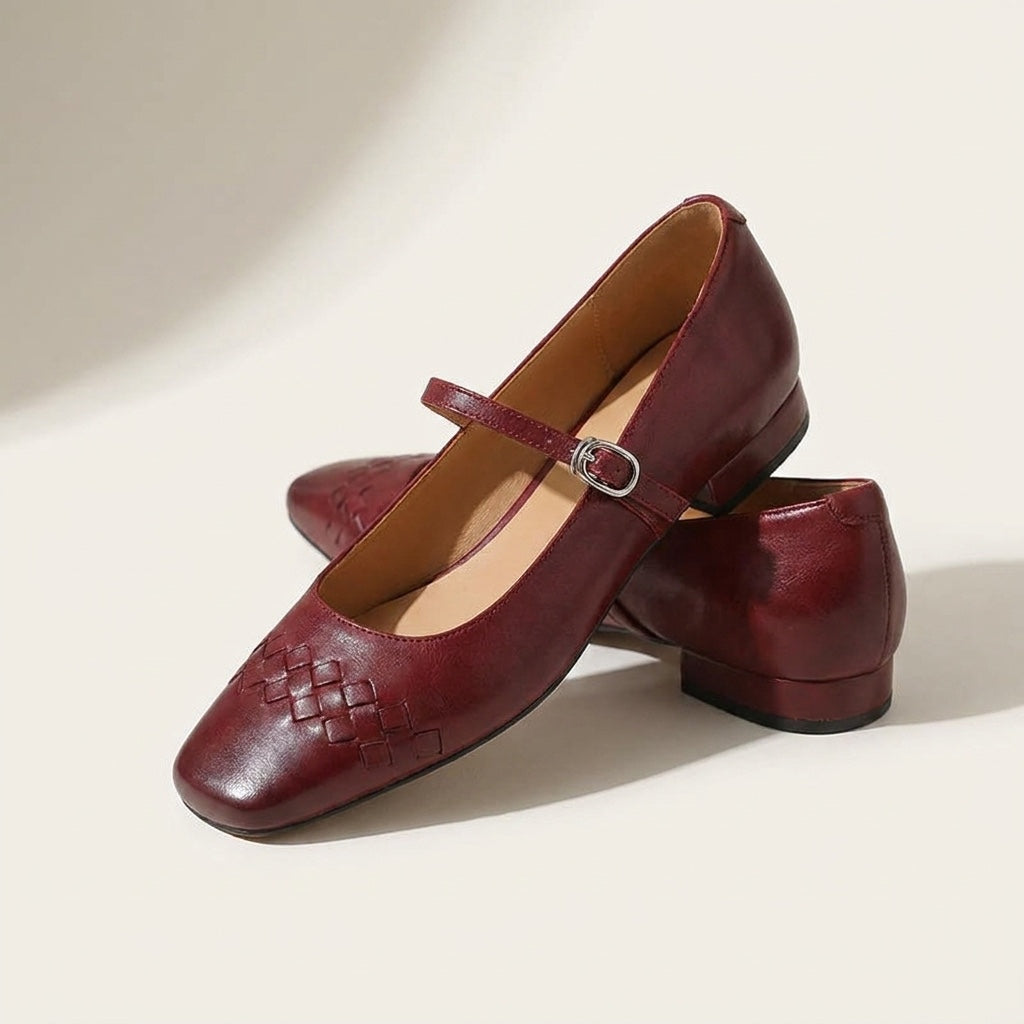 Women's Woven Leather Mary Jane Flats in Wine – heel detail view | Hensley London