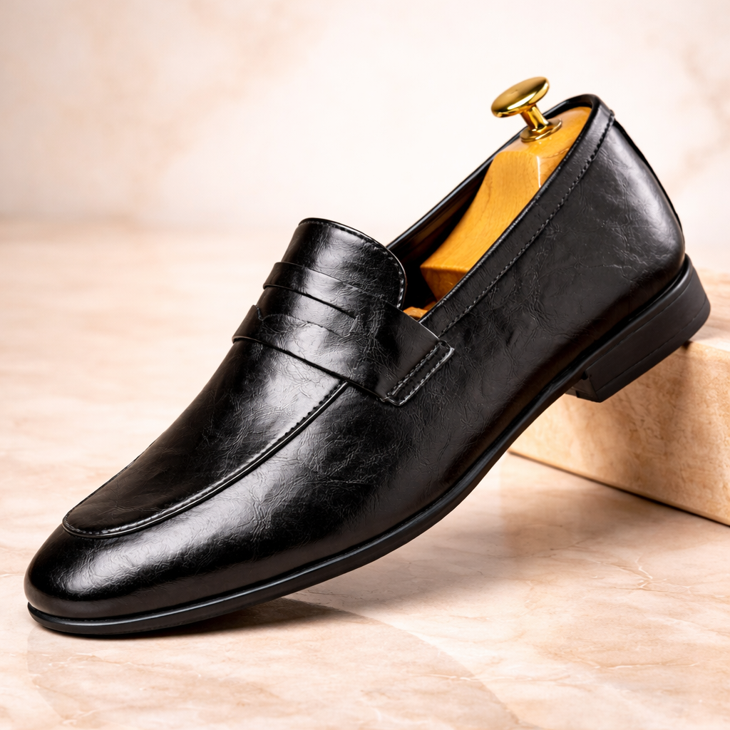 Men's Leather Penny Loafers in Black – front view | Hensley London