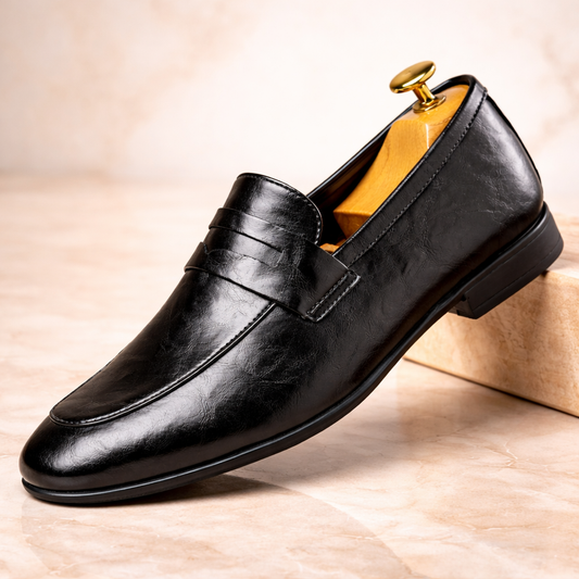 Men's Leather Penny Loafers in Black – front view | Hensley London