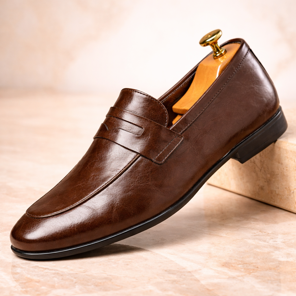 Men's Leather Penny Loafers in Brown – front view | Hensley London
