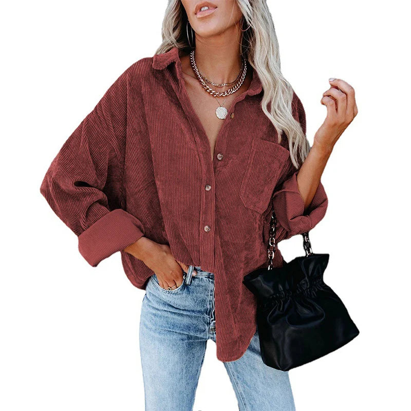 Women's Oversized Corduroy Button-Up Shirt in Wine Red – additional product view | Hensley London