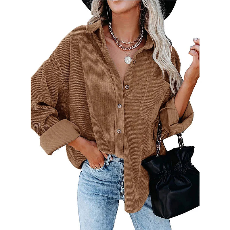 Women's Oversized Corduroy Button-Up Shirt in Brown – additional product view | Hensley London