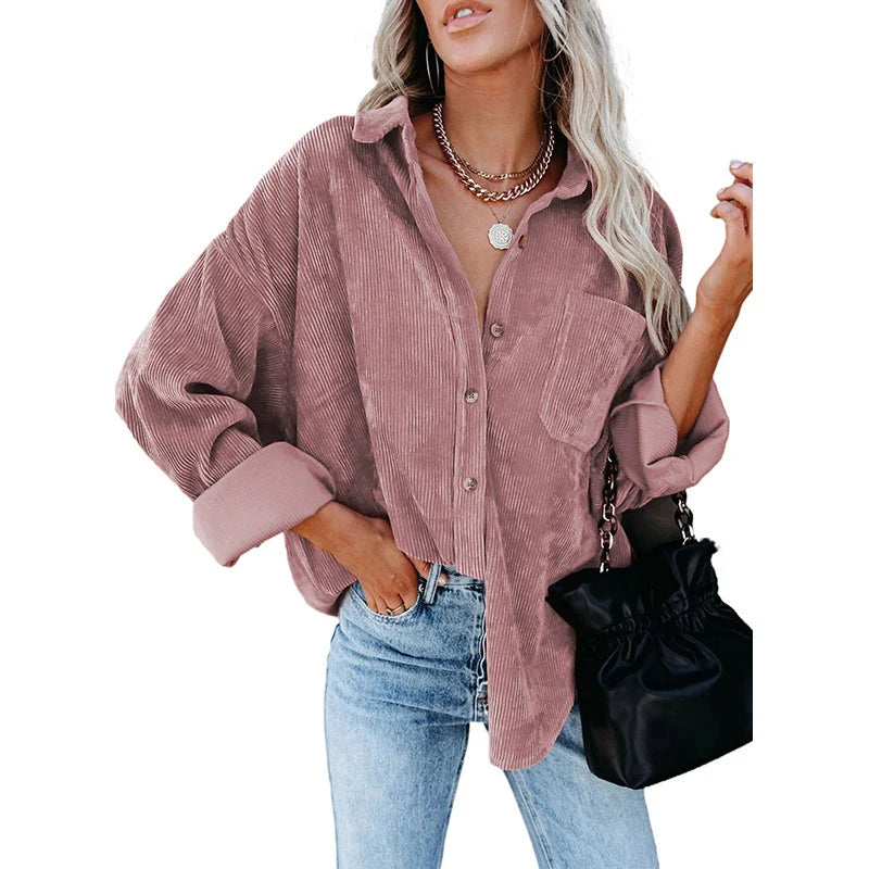 Women's Oversized Corduroy Button-Up Shirt in Pink – additional product view | Hensley London