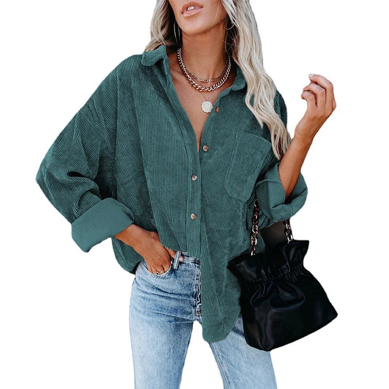 Women's Oversized Corduroy Button-Up Shirt in Green – additional product view | Hensley London