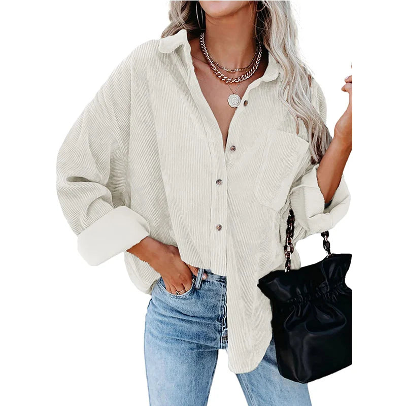 Women's Oversized Corduroy Button-Up Shirt in Off-White – additional product view | Hensley London