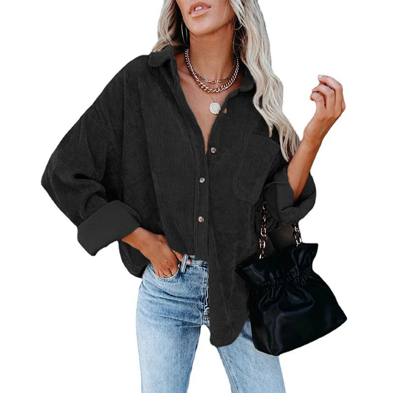 Women's Oversized Corduroy Button-Up Shirt in Black – additional product view | Hensley London