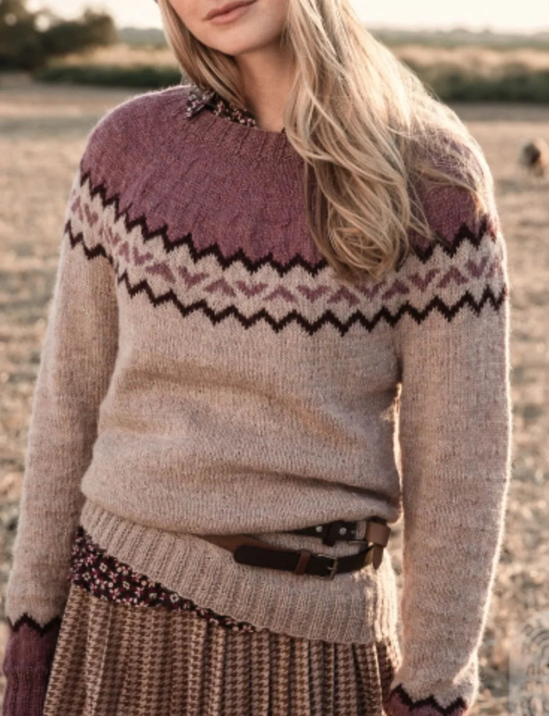 Women's Geometric Knit Crew-Neck Sweater in Pattern 1 – product view | Hensley London