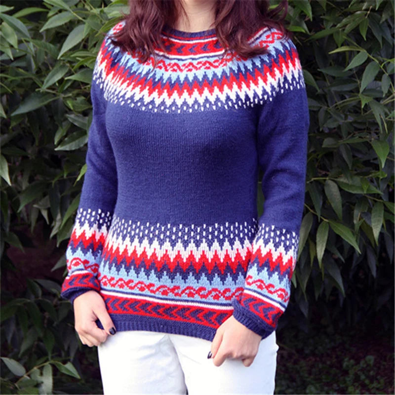 Women's Geometric Knit Crew-Neck Sweater in Pattern 3 – additional product view | Hensley London