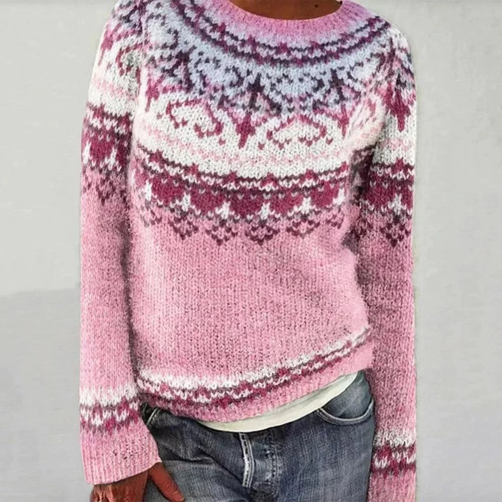 Women's Geometric Knit Crew-Neck Sweater in Pattern 6 – additional product view | Hensley London