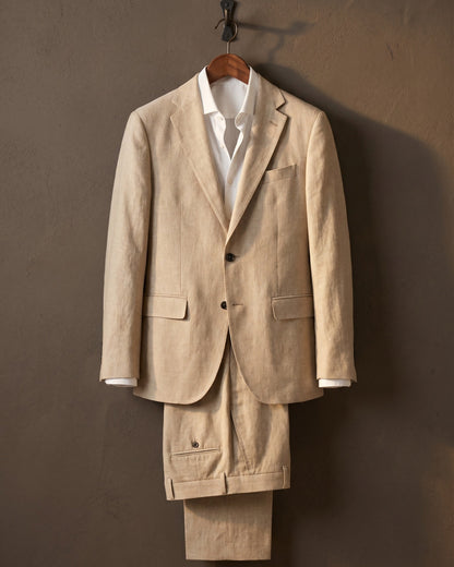Men's Linen-Blend Two-Piece Suit in Khaki – front view | Hensley London