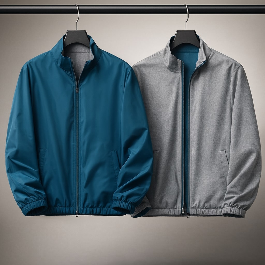 Men's Reversible Zip-Front Jacket in Peacock Blue – front view | Hensley London