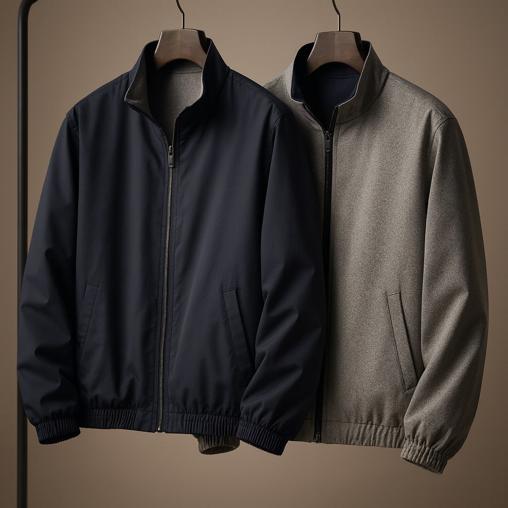 Men's Reversible Zip-Front Jacket in Navy Blue – front view | Hensley London