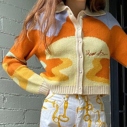 Retro Sunset Pattern Cropped Collared Long Sleeve Winter Cardigan Sweaters 0