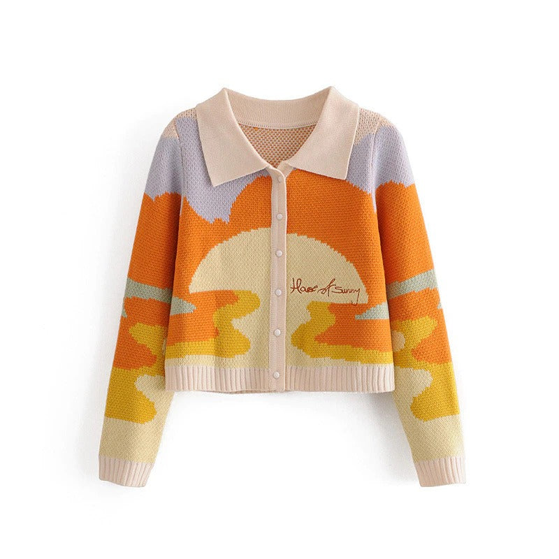 Retro Sunset Pattern Cropped Collared Long Sleeve Winter Cardigan Sweaters 3