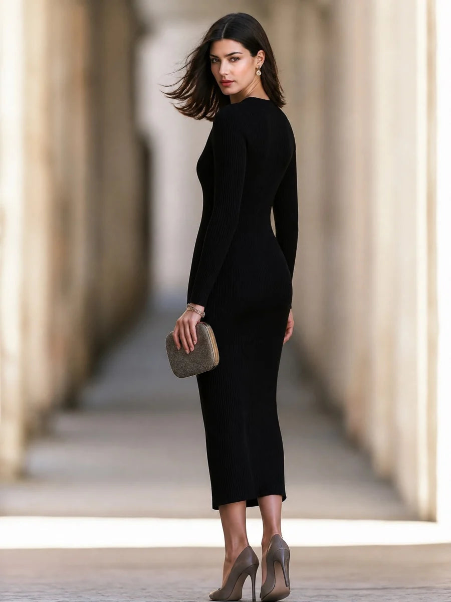 Women's Zip-Neck Ribbed Long-Sleeve Midi Dress in Black – additional product view | Hensley London