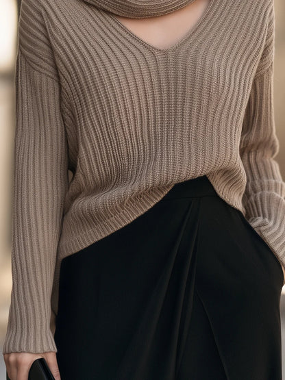 Women's Ribbed V-Neck Sweater and Neck Warmer Set – product view 4