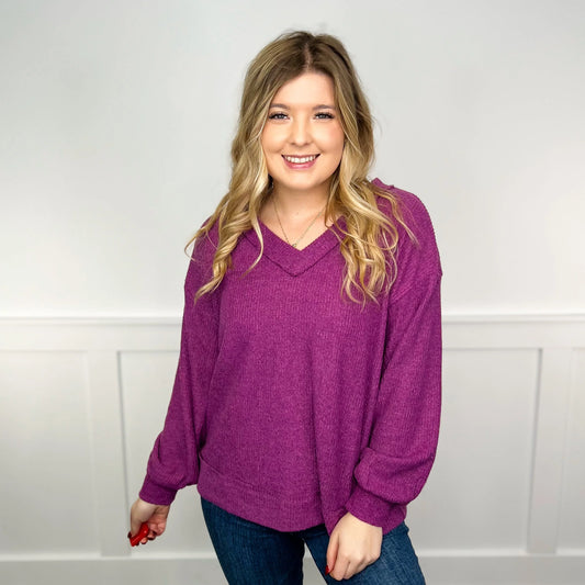 Women's Ribbed V-Neck Long-Sleeve Top in Purple – product view 1 | Hensley London