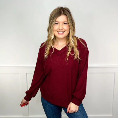 Women's Ribbed V-Neck Long-Sleeve Top in Wine Red – product view 2 | Hensley London