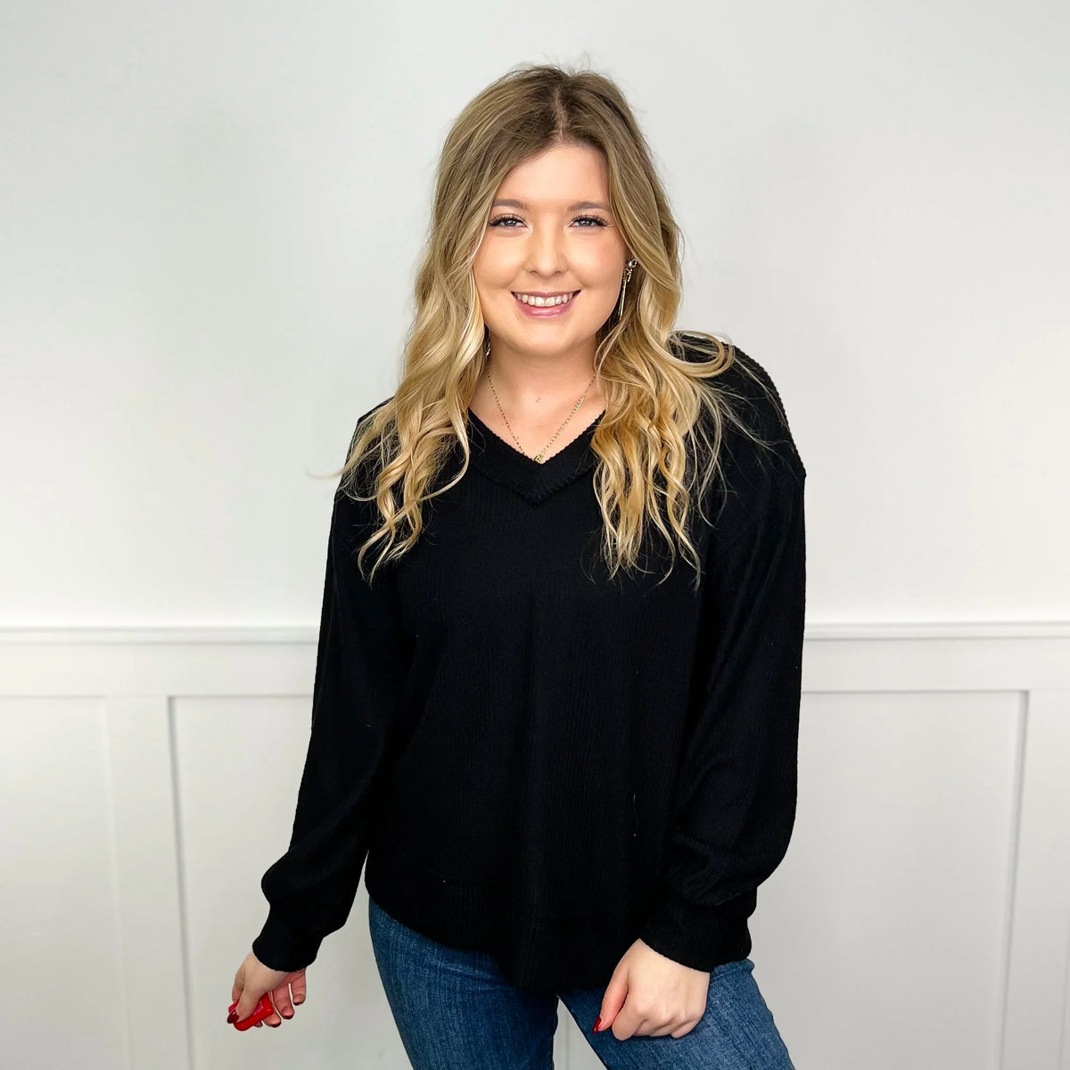 Women's Ribbed V-Neck Long-Sleeve Top in Black – product view 3 | Hensley London
