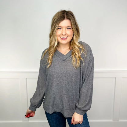 Women's Ribbed V-Neck Long-Sleeve Top in Gray – product view 4 | Hensley London