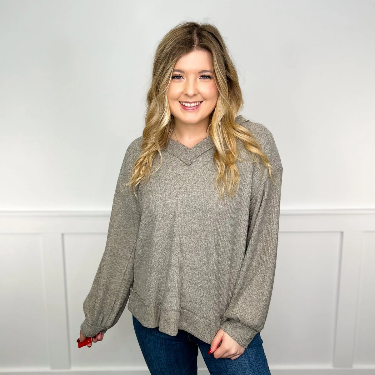 Women's Ribbed V-Neck Long-Sleeve Top in Taupe – product view 5 | Hensley London