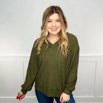 Women's Ribbed V-Neck Long-Sleeve Top in Green – product view 6 | Hensley London