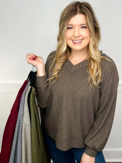 Women's Ribbed V-Neck Long-Sleeve Top in Brown – product view 7 | Hensley London