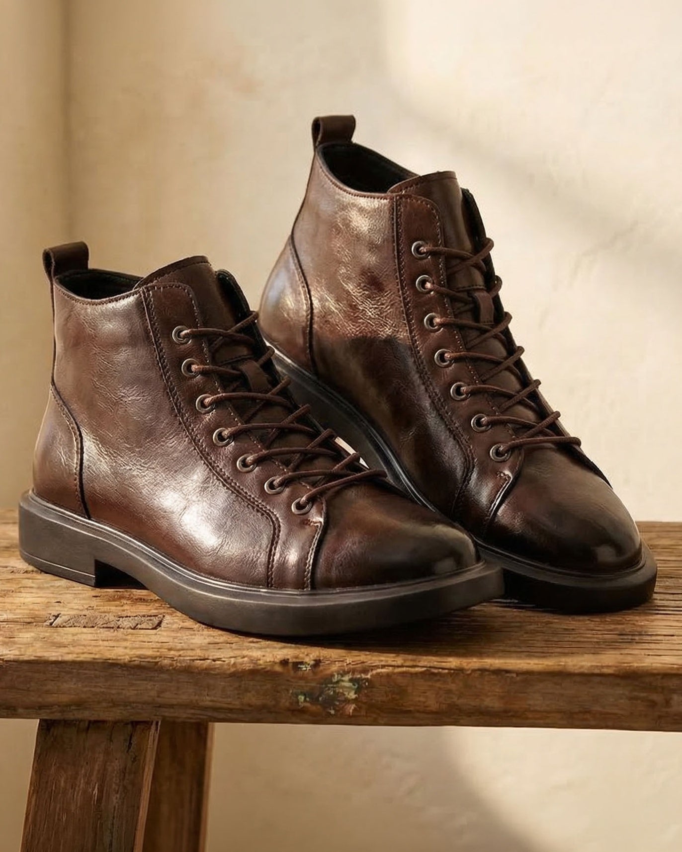Men's Leather Lace-Up Boots in Brown – lifestyle view | Hensley London