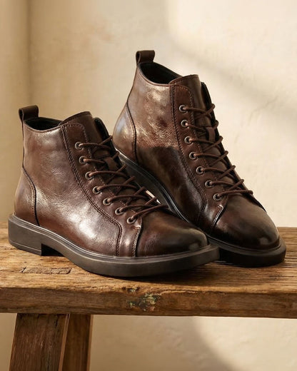 Men's Leather Lace-Up Boots in Brown – lifestyle view | Hensley London