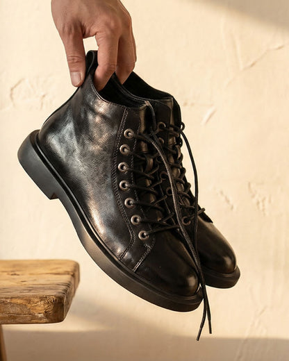 Men's Leather Lace-Up Boots in Black – lifestyle view | Hensley London