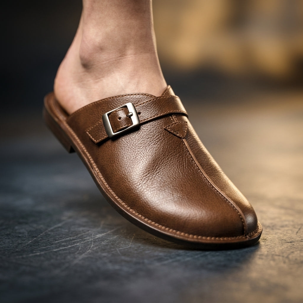 Men's Richard Leather Backless Mules in Brown – front view | Hensley London