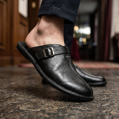 Men's Richard Leather Backless Mules in Brown – side view | Hensley London