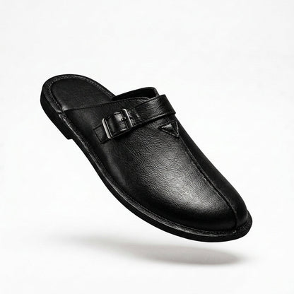Men's Richard Leather Backless Mules in Black – side view | Hensley London