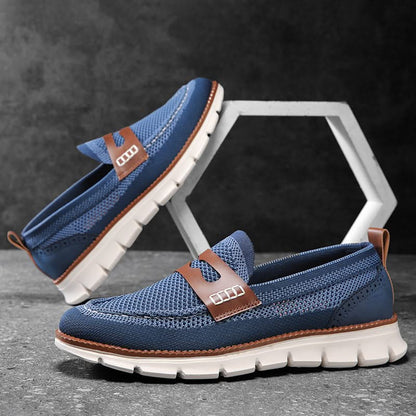 Men's Breathable Mesh Slip-On Loafers in Blue – studio pair view | Hensley London
