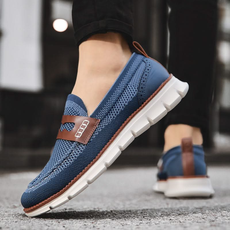 Men's Breathable Mesh Slip-On Loafers in Blue – worn view | Hensley London