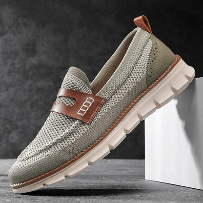 Men's Breathable Mesh Slip-On Loafers in Olive – studio pair view | Hensley London