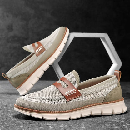 Men's Breathable Mesh Slip-On Loafers in Olive – worn view | Hensley London