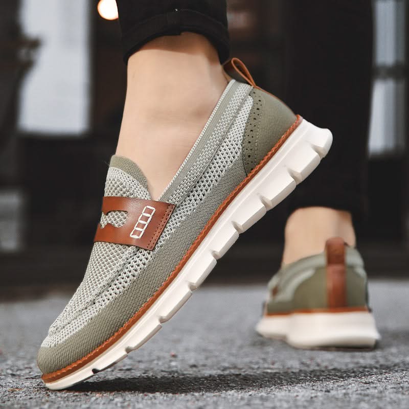 Men's Breathable Mesh Slip-On Loafers in Olive – worn side view | Hensley London